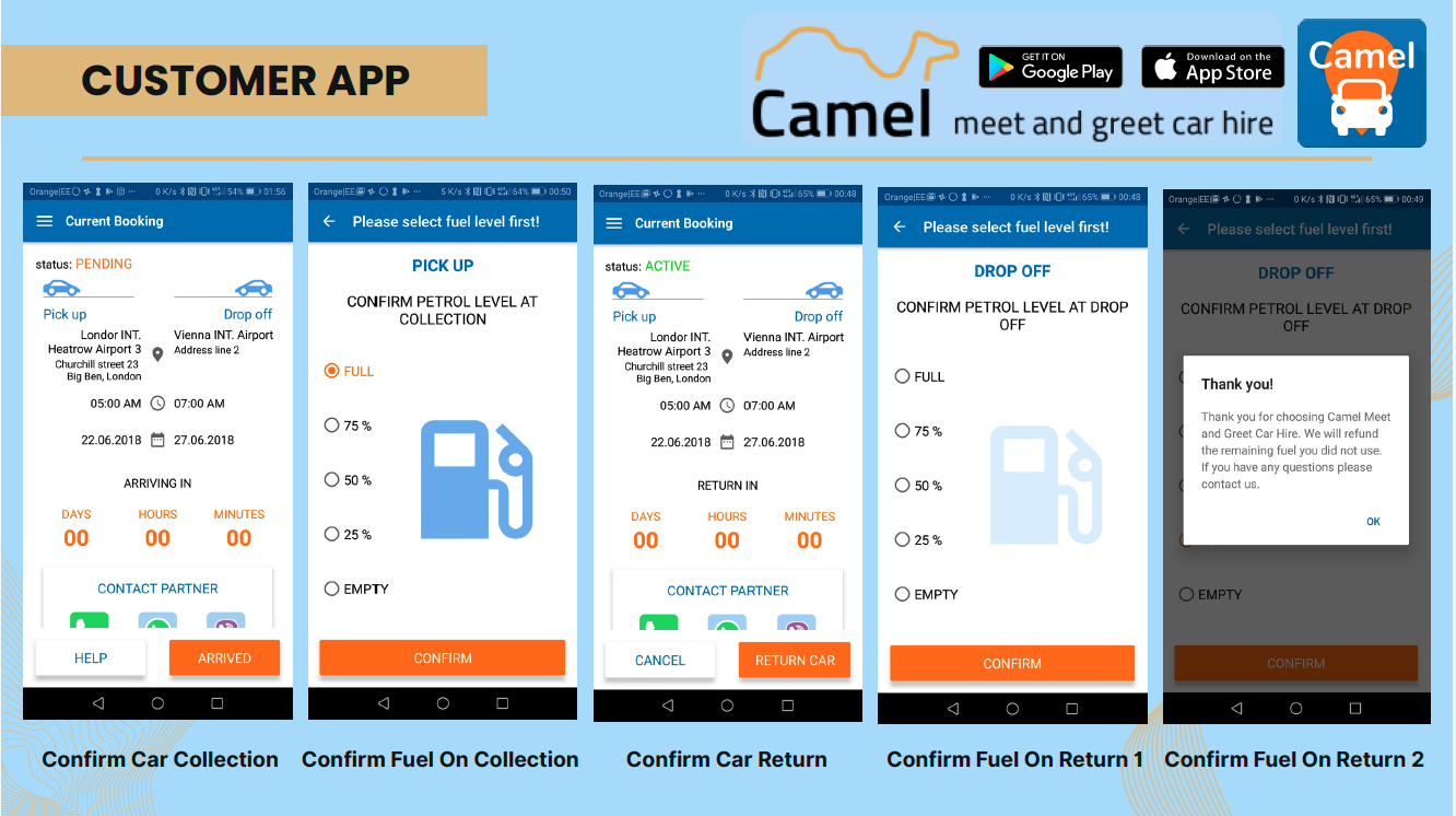 Customer app booking and fuel confirmation screens